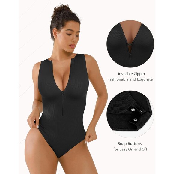 Women Seamless Zip Up Bodysuit Black Large Slimming Soft Fabric - Picture 2 of 6